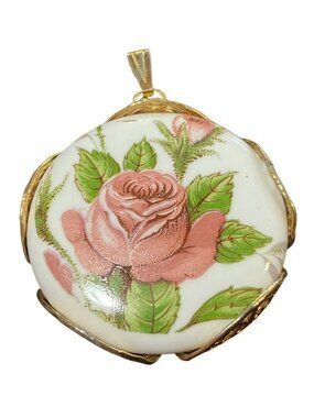 Vintage Style Pink Rose Pendant Gold-tone Metal Rose on Ceramic 1.5" Diam